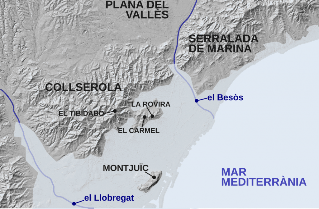 Mapa simulat del Pla de Barcelona i del Besòs fa un milió d'anys -fa un milió d'anys- coberts pel mar.