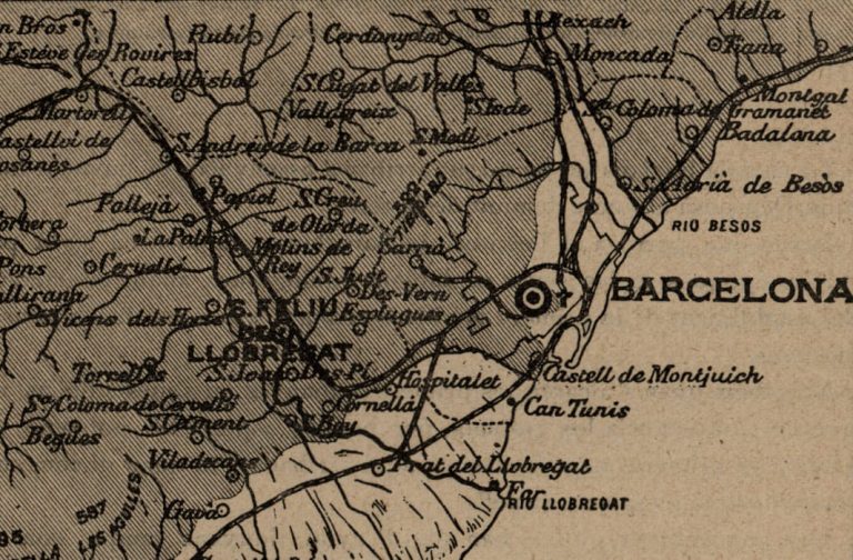 Representació sobre mapa -segle VI abans de Crist- de l'extensió dels deltes del Llobregat i del Besòs: gairebé tocant-se a peus de Montjuïc.